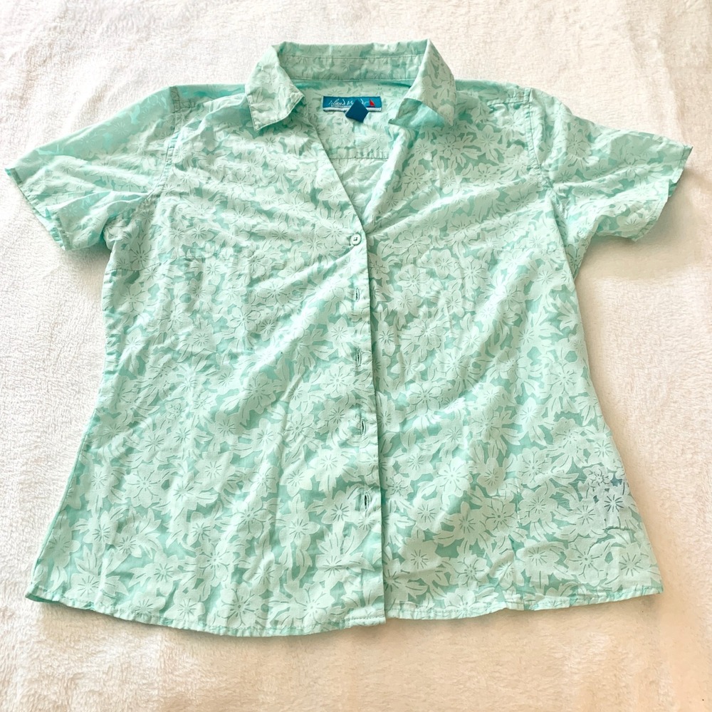 Island Winds Caribbean Joe Floral Burnout Shirt‎ Womens Size S Aqua Blue Cotton